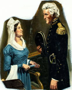 Alton Tobey (CT,1914-2005) oil painting: ARTIST: Alton Stanley Tobey (Connecticut, 1914 - 2005) TITLE: Rachel and Andrew Jackson (titled on verso) MEDIUM: oil on canvas board CONDITION: Some faint scratches. No v