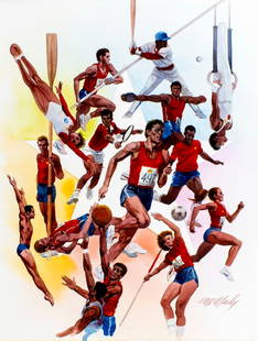 Tom McNeely (Canada,1935-?) watercolor painting: ARTIST: Tom McNeely (Canadian, 1935 - ???) TITLE: World University Games (titled on verso) YEAR: 1992 MEDIUM: watercolor on paper. Paper applied to board. CONDI
