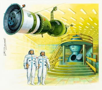 Gherman Komlev (Russia,1933-2000) gouache painting: ARTIST: Gherman Komlev (Russian, 1933 - 2000) TITLE: USSR Bulgaria Flight - Joint Space Flight (titled on verso) YEAR: 1980 MEDIUM: gouache on paper. Paper applied to board. CONDITION: Very good.
