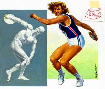 Gherman Komlev (Russia,1933-2000) oil painting: ARTIST: Gherman Alekseevich Komlev (Russian, 1933 - 2000) TITLE: International Olympics 1988 - Discus (titled on verso) YEAR: 1987 MEDIUM: oil on canvas. Canvas applied to board. CONDITION: Very