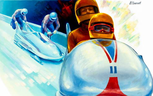 Victor Hmelev (Russia,20C) oil painting: ARTIST: Victor Hmelev (Russian, 20 century) TITLE: Worlds Salute to Olympics 1992 - Two-man Bobsled (titled on verso) YEAR: 1991 MEDIUM: oil on canvas. Canvas applied to board. CONDITION: Overall