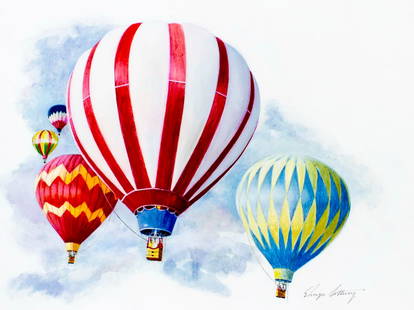 George Sottung (IL,1927-1999) gouache painting: ARTIST: George Sottung (Illinois, 1927 - 1999) TITLE: Hot Air Ballooning (titled on verso) YEAR: 1991 MEDIUM: gouache on board CONDITION: Very good. ART SIZE: 12 x 16 inches / 30 x 40 cm BOARD