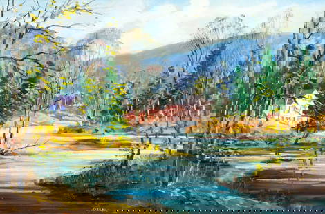 Judd Wilson (NJ,20C) oil painting: ARTIST: Judd Wilson (New Jersey, 20 century) TITLE: Autumn River Landscape MEDIUM: oil on board CONDITION: Few minor paint losses. No visible inpaint under UV light. ART SIZE: 24 x 36 inches / 60 x