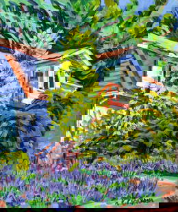 Ken Christensen (MI,CA,OH,b 1951) oil painting: ARTIST: Ken Christensen (Michigan, California, Ohio, born 1951) TITLE: Landscape with White House with Lavender (titled on verso) YEAR: 2018 MEDIUM: oil on canvas