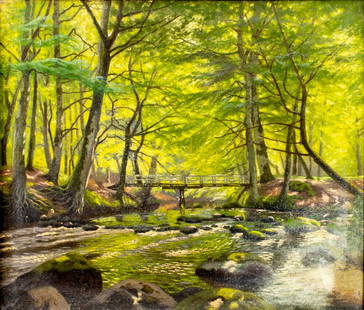 Kai Jeppe Drews (Danish,1884-1964) oil painting: ARTIST: Kai Jeppe Drews (Denmark, 1884 - 1964) TITLE: Forest River Landscape with Bridge MEDIUM: oil on canvas CONDITION: Some paint losses. Minor craquelure. No visible i