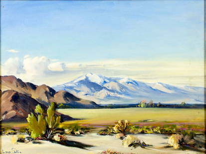 Lois Sakio (CA,mid 20C) oil painting: ARTIST: Lois Sakio (California, mid 20 century) TITLE: Desert Landscape MEDIUM: oil on canvas board CONDITION: Few minor scratches/paint losses. No visible inpaint under UV