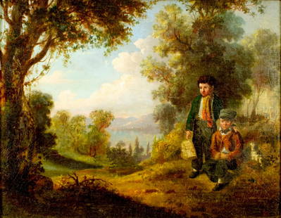 Antique 19C American oil painting signed: ARTIST: - (American, 19 century) TITLE: River Landscape with Two Boys MEDIUM: oil on canvas. Canvas applied to board. CONDITION: Some craquelure. Some scattered inpainting
