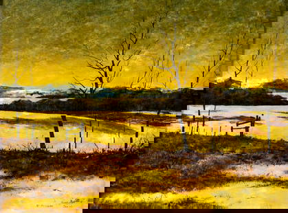 Phil J Metzger (US,20C) oil painting: ARTIST: Phil J Metzger (American, 20 century) TITLE: Sunset Countryside Landscape YEAR: 1969 MEDIUM: oil on board CONDITION: Few small paint losses along