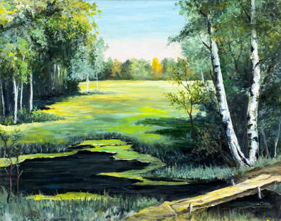 Viktor Ilyushkin (Russia,b 1946) oil painting: ARTIST: Viktor Nikolayevich Ilyushkin (Russian, born 1946) TITLE: Old Pond Landscape (titled on verso) YEAR: 2023 MEDIUM: oil on canvas CONDITION: Unstre