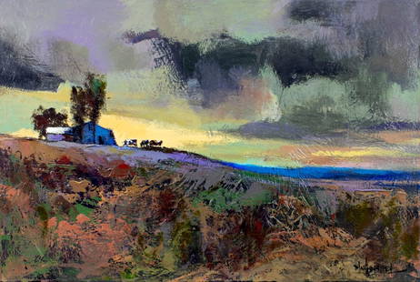 Ian Herslet (South Africa,20/21C) oil painting: ARTIST: Ian Herslet (South African, 20/21 centuries) TITLE: Sunset Countryside Landscape with Cows MEDIUM: oil on canvas CONDITION: Very good. No visible inpaint under UV li