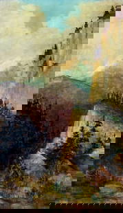 L Johnson (US,19/20C) oil painting antique: ARTIST: L Johnson (American, 19/20 century) NAME: Mountain Landscape YEAR: 1901 MEDIUM: oil on canvas CONDITION: One patch. Few small paint losses. Very minor craquelure.