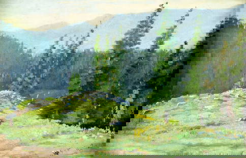 Antique early 20C American oil painting signed: ARTIST: - (American, early 20 century) TITLE: Mountain Landscape MEDIUM: oil on canvas. Canvas applied to board. CONDITION: Minor scratches/paint losses. Some craquelure.