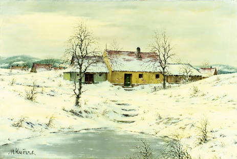 Miroslav Kucera (Czech,1910-?) oil painting: ARTIST: Miroslav Kucera (Czech Republic, 1910 - ???) TITLE: Winter Village Landscape MEDIUM: oil on canvas CONDITION: Unstretched (In-House stretching available). Overall