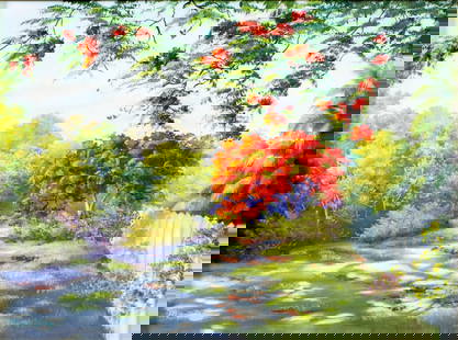 Magi Day (FL,20/21C) oil painting: ARTIST: Magi Day (Florida, 20/21 centuries) TITLE: Landscape With Royal Poinciana Flowers MEDIUM: oil on canvas CONDITION: Very good. No visible inpaint under UV light. <