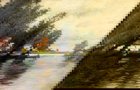 M Kuster (Europe,early 20C) oil painting antique: ARTIST: M Kuster (European, early 20 century) TITLE: River Landscape with Boat MEDIUM: oil on canvas CONDITION: Minor paint losses. Some craquelure. Some scattered small inp