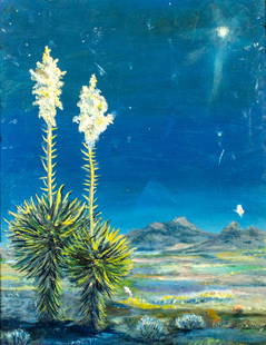 Vintage mid 20C California oil painting signed: ARTIST: - (California, mid 20 century) TITLE: Desert Landscape - Silent Night Holy Night (titled on verso) MEDIUM: oil on canvas board CONDITION: Multiple nail holes along