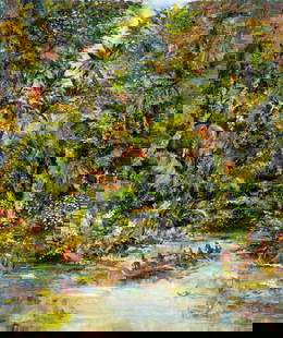 Else Reuser (US,mid 20C) oil painting: ARTIST: Else Reuser (American, mid 20 century) TITLE: Tropical River Landscape with Canoe MEDIUM: oil on canvas CONDITION: Overall good. No visible inpaint under UV light.