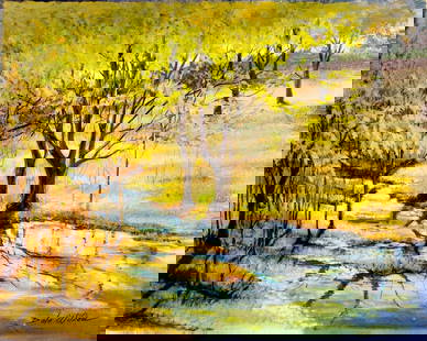 Dale Wilson (NE,TX,1917-?) oil painting: ARTIST: Dale Wilson (Nebraska, Texas, 1917 - ???) TITLE: Autumn Landscape MEDIUM: oil on board CONDITION: Few minor paint losses. No visible inpaint under UV light. Normal