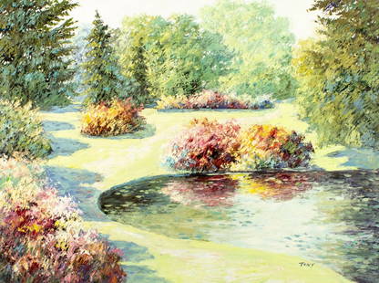 L Tony (20C) oil painting: ARTIST: L Tony (20 century) TITLE: Garden Lake Landscape MEDIUM: oil on canvas CONDITION: Unstretched (In-House stretching available). Missing a few flakes of paint. Some cr