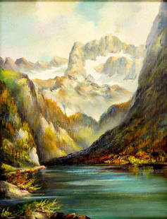 Vintage 20C American oil painting signed: ARTIST: - (American, 20 century) TITLE: Mountain River Landscape MEDIUM: oil on canvas board CONDITION: Overall good. No visible inpaint under UV light. ART SI