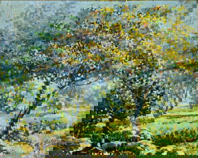 Estevez (US,20C) oil painting: ARTIST: Estevez (American, 20 century) TITLE: Autumn Landscape MEDIUM: oil on canvas. Canvas applied to board. CONDITION: Overall good. No visible inpaint under UV light.