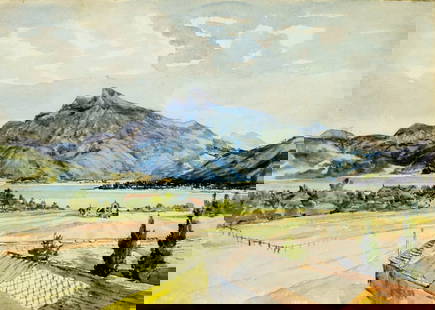 Antique 19C Austrian oil painting: ARTIST: - (Austria, 19 century) TITLE: Landscape - Schafberg, Austria YEAR: 1888 MEDIUM: watercolor on paper. Paper applied to board. CONDITION: Some d