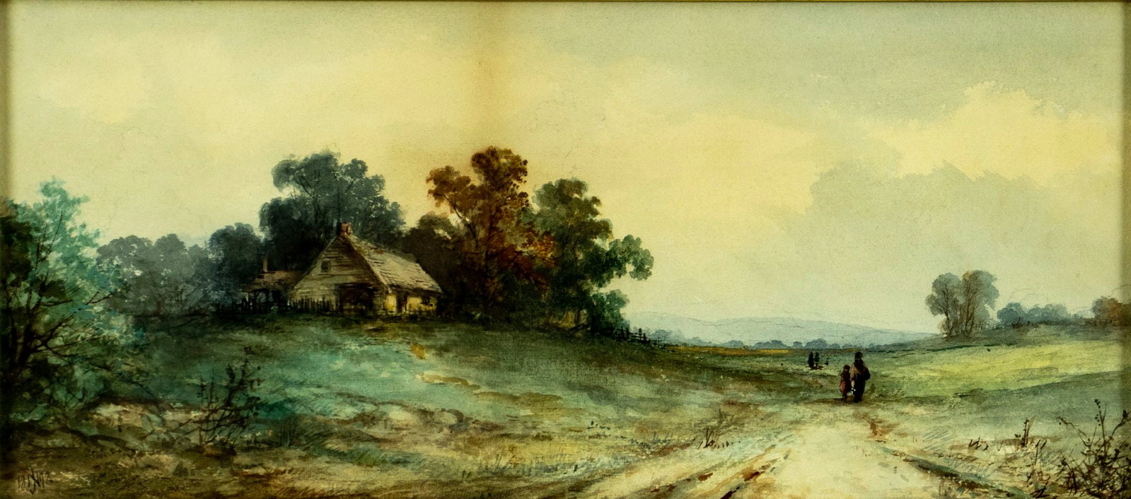 Antique 19C American oil painting signed: ARTIST: - (American, 19 century) TITLE: Landscape YEAR: 1892 MEDIUM: watercolor on paper CONDITION: Some age toning. Framed under glass. ART