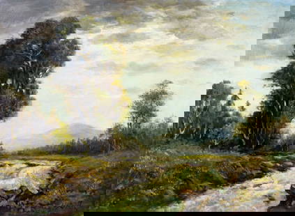 Jeremy Lettwill (UK,1912-?) oil painting: ARTIST: Jeremy Lettwill (United Kingdom, 1912 - ???) TITLE: Mountain Stream Landscape MEDIUM: oil on canvas CONDITION: Some craquelure. No visible inpaint under UV light.