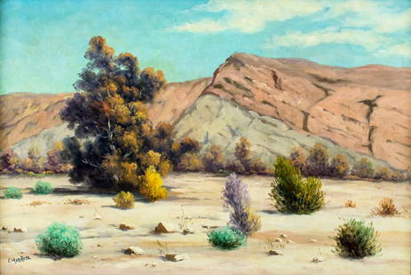 C Hendrix (CA,20C) oil painting: ARTIST: C Hendrix (California, 20 century) TITLE: Desert Landscape MEDIUM: oil on canvas CONDITION: Minor foxing. No visible inpaint under UV light. Some damages to frame.