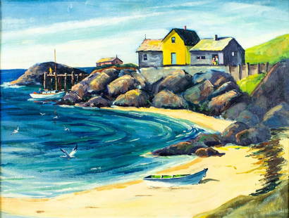 M A Walsh (New England,mid 20C) oil painting: ARTIST: M A Walsh (New England, mid 20 century) TITLE: Coastal Landscape YEAR: 1959 MEDIUM: oil on canvas board CONDITION: Few faint scratches. No visibl