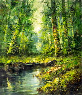 B Reiser (German,20C) oil painting: ARTIST: B Reiser (Germany, 20 century) TITLE: Forest Stream Landscape MEDIUM: oil on canvas CONDITION: Unstretched (In-House stretching available). Missing a few flakes of p