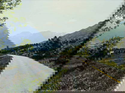 Vintage 20C American oil painting signed: ARTIST: - (American, 20 century) TITLE: Mountain Road Landscape YEAR: 1983 MEDIUM: oil on canvas CONDITION: Few very minor paint losses. Some craquelur