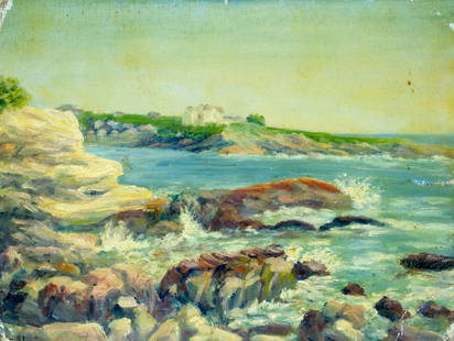 C E Roweld (ME,early 20C) oil painting antique: ARTIST: C E Roweld (Maine, early 20 century) TITLE: Maine Coastal Landscape MEDIUM: oil on canvas board CONDITION: Some damages to corners and the right edge. Some small scr