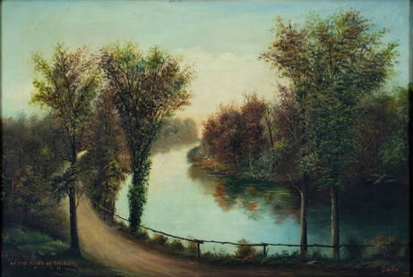 Guertin (US,early 20C) oil painting antique: ARTIST: Guertin (American, early 20 century) TITLE: Landscape - At the Bend of the River MEDIUM: oil on canvas CONDITION: One patch-repaired puncture with corresponding paint loss. Some craquelure.