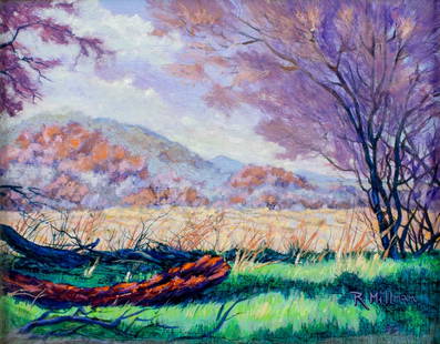 R Millman (AZ,20C) oil painting: ARTIST: R Millman (Arizona, 20 century) TITLE: Landscape - Patagonia, AZ by the Creek (titled on verso) YEAR: 1993 MEDIUM: oil on canvas CONDITION: Very good. No visible inpaint under UV light. Wear
