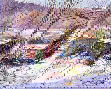 E J Hartmann (NJ,20/21C) oil painting: ARTIST: E J Hartmann (New Jersey, 20/21 centuries) TITLE: Winter Forest Landscape with Old Cabin YEAR: 1985 MEDIUM: oil on canvas CONDITION: Few minor paint losses along the lower edge. No visible