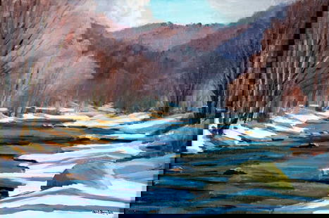 Nord Bowlen (US,1909-2001) oil painting: ARTIST: Nord Bowlen (American, 1909 - 2001) TITLE: Winter River Landscape MEDIUM: oil on canvas CONDITION: One minor scratch/paint loss by the lower left corner. No visibl