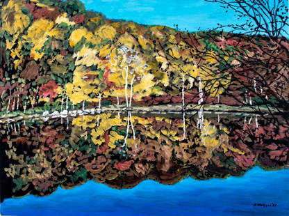 Evelyn Metzger (NY,Brazil,1911-2007) oil painting: ARTIST: Evelyn Borchard Metzger (New York, Brazilian, 1911 - 2007) TITLE: Trees Reflecting in Water YEAR: 1997 MEDIUM: oil on board CONDITION: Few minor scratches/paint losses mostly along edges. No