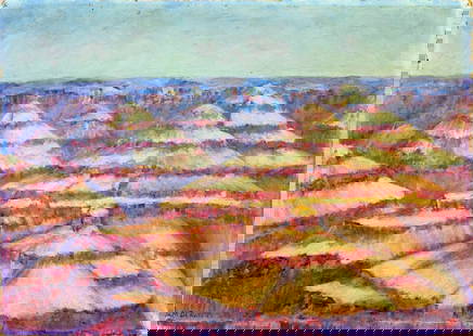M Deavitt (US,20C) oil painting: ARTIST: M Deavitt (American, 20 century) NAME: Mountain Landscape MEDIUM: oil on board CONDITION: One corner of the board is warped. Minor craquelure. No visible inpaint under UV light. S