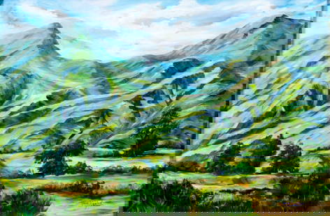 Maria Ysabel Maciel (Venezuela,20/21C) oil painting: ARTIST: Maria Ysabel Maciel (Venezuelan, 20/21 centuries) TITLE: Cordillera de Merida MEDIUM: oil on canvas CONDITION: Some paint losses by the upper edge. Few small faint scratches. Minor