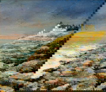 Ward Mann (NY,MA,MI,1921-2005) oil painting: ARTIST: Ward Palmer Mann (New York, Massachusetts, Michigan, 1921 - 2005) TITLE: Coastal Landscape - Pemaquid Light, ME (titled on verso) MEDIUM: oil on board CONDITION: Very good. No visible