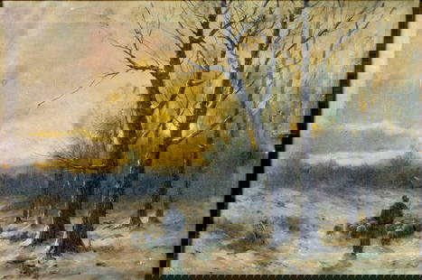 Antique early 20C American oil painting signed: ARTIST: - (American, early 20 century) TITLE: Sunset Landscape with Shepherd and Sheep MEDIUM: oil on canvas CONDITION: Few patches. Some scratches/paint losses. No visible inpaint under UV light.