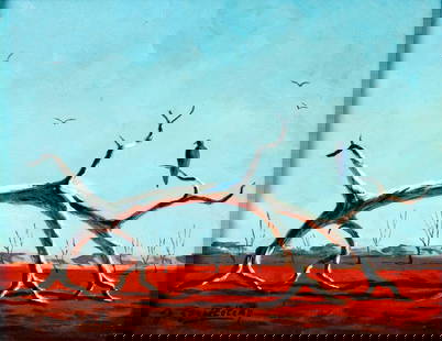 Julius Szentleleky (Australia,20C) oil painting: ARTIST: Julius Szentleleky (Australian, 20 century) TITLE: Crows in Landscape (titled on verso) MEDIUM: oil on board CONDITION: Overall good. No visible inpaint under UV light. ART SIZE: 14 x 18