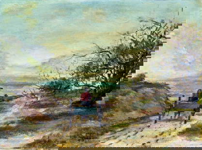 White (US,early 20C) oil painting antique: ARTIST: White (American, early 20 century) TITLE: Landscape with Man on Wagon MEDIUM: oil on canvas CONDITION: Minor craquelure. No visible inpaint under UV light. ART SIZE: 12 x 16 inches / 30 x 40