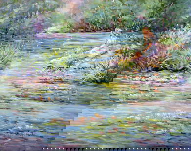 Loveta Strickland (TX,20/21C) oil painting: ARTIST: Loveta Strickland (Texas, 20/21 centuries) TITLE: Woman by the Pond MEDIUM: oil on canvas CONDITION: Unstretched (In-House stretching available). Overall good. No visible inpaint under UV