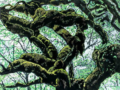 Evelyn Metzger (NY,Brazil,1911-2007) oil painting: ARTIST: Evelyn Borchard Metzger (New York, Brazilian, 1911 - 2007) TITLE: Moss, Mt Kenya (titled on verso) YEAR: 1995 MEDIUM: oil on board CONDITION: M