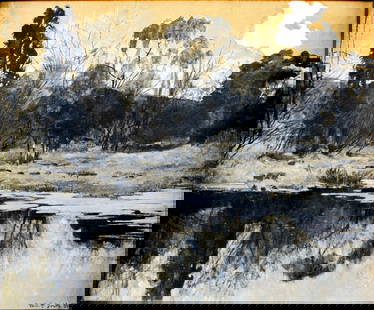 William Henry Drake (NY,CA,1856-1926) gouache painting antique: ARTIST: William Henry Drake (New York, California, 1856 - 1926) TITLE: Lake Landscape YEAR: 1885 MEDIUM: gouache on paper. Paper applied to canvas. CONDITION:</