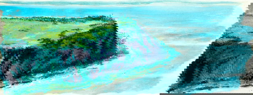 Alton Tobey (CT,1914-2005) oil painting: ARTIST: Alton Stanley Tobey (Connecticut, 1914 - 2005) TITLE: Coastal Landscape MEDIUM: oil on board CONDITION: Minor scratches/paint losses along edges. No visible inpaint under UV light. Normal