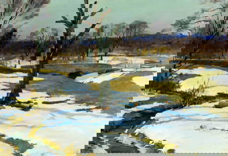 ATTR TO Harry Leith Ross (PA,1886-1973) oil painting: ARTIST: ATTRIBUTED TO Harry Leith Ross (Pennsylvania, 1886 - 1973) NAME: Winter Landscape MEDIUM: oil on canvas CONDITION: One faint scratch 6" long (upper right). No visible inpaint under U
