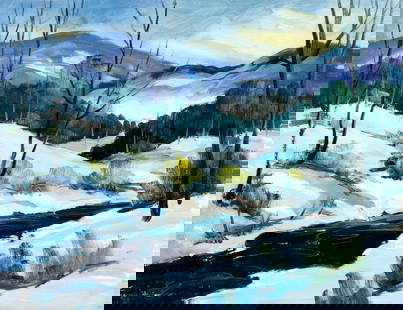 George Holloway (NJ,20C) oil painting: ARTIST: George Holloway (New Jersey, 20 century) TITLE: Winter Stream Landscape MEDIUM: oil on board CONDITION: Few minor scratches/paint losses. No visible inpaint under UV light. ART SIZE: 14 x 18